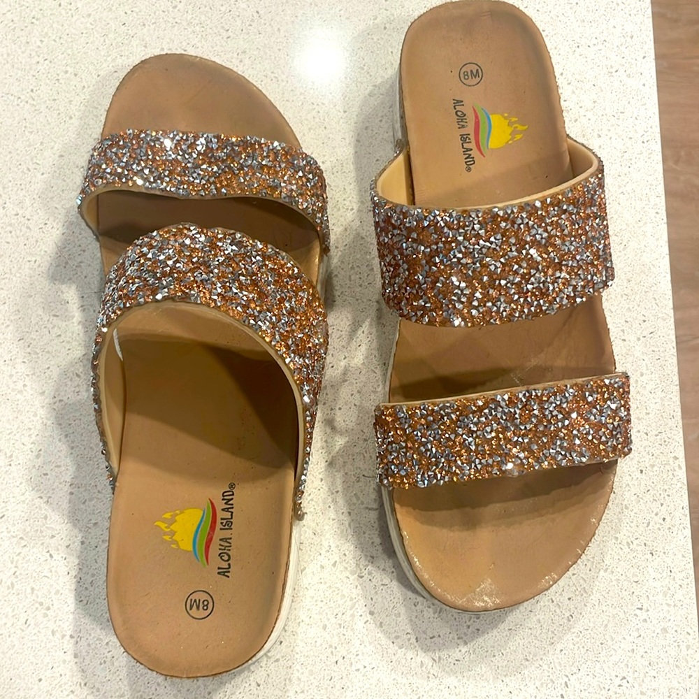 Silver diamond and rose gold, multi strapping wedge flip-flop women’s